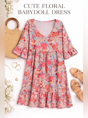 Boho-Women’s Floral V-Neck Babydoll Dress - Pink & Blue